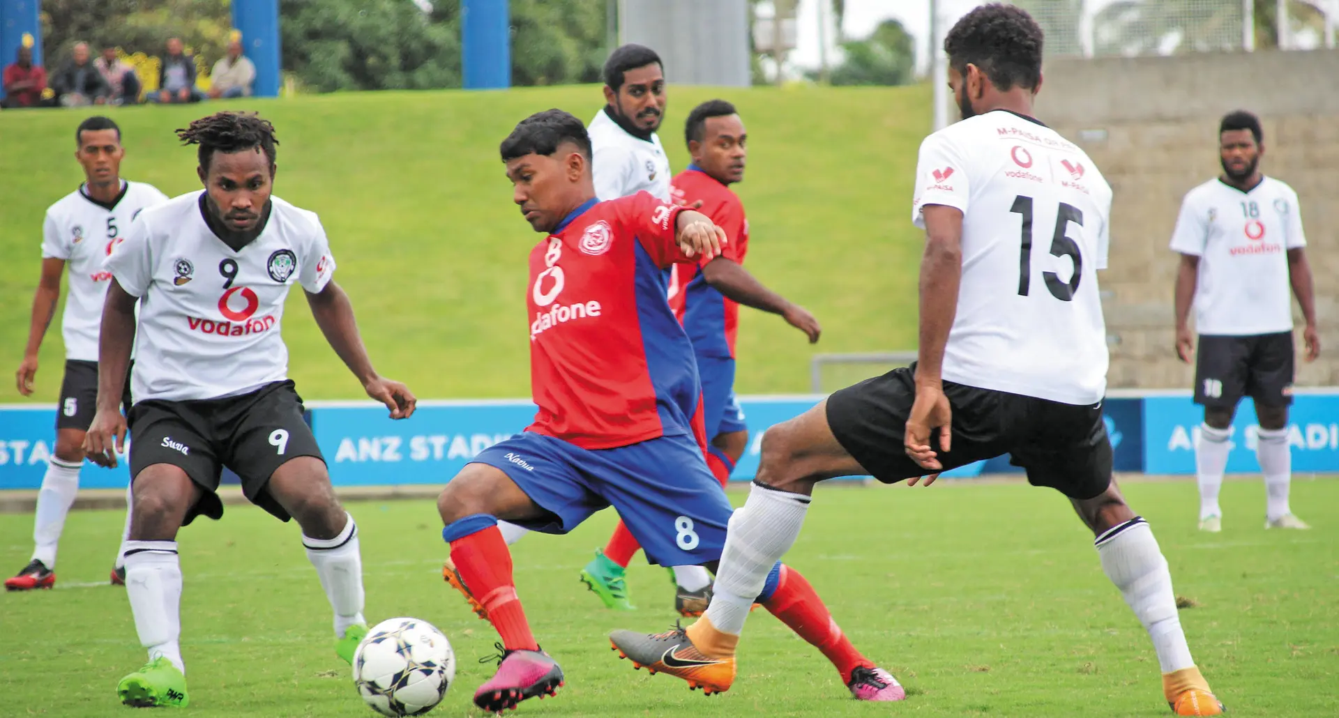 Navua’s Dorsant Naidu tries to work through a gap as Suva’s Patrick Taroga and Jonetani Buksh close in during the Vodafone Premier League clash at the ANZ Stadium, Suva, on September 20, 2020. Photo: Fiji FA Media