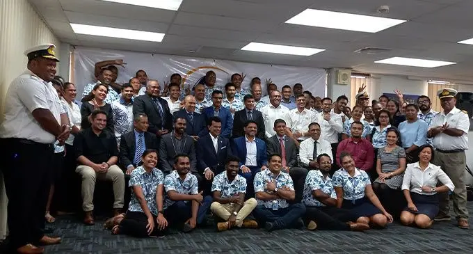 Sitting 5th from left: Attorney-General and Minister for Economy Aiyaz Sayed-Khaiyum, Fiji Ports Corporation Limited board chairman Shaheen Ali, representatives from the RFMF  Naval Division, representaives from Aitken Spence PLC and FPCL staff members after the announcement on August 2, 2022. Photo: Selita Rabuku