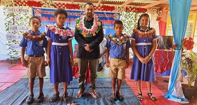 From left: Deputy head boy, Mosese Ganivatu, head girl, Mereoni Dicamaibau, Assistant Minister for Youth and Sports, Alvick Maharaj, head boy, Jeremaia Masibilo and deputy head Girl, Yaadvi Yaavi Nand, at Boubale Primary School in Labasa on May 6, 2022. Photo: Sampras Anand
