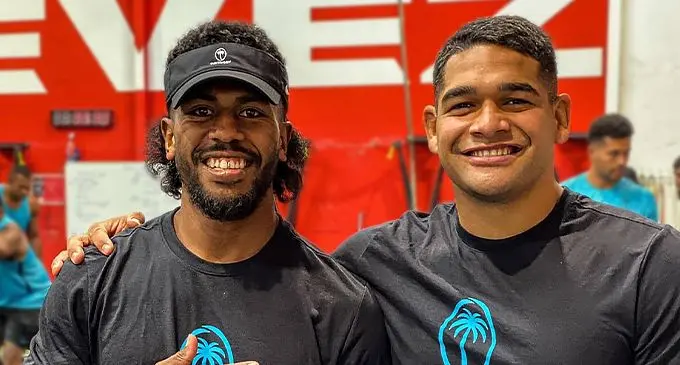 Vodafone Flying Fijian halfback Frank Lomani (left) and hooker Sam Matavesi. Matavesi’s dad, Sireli, was the number eight for Vanuabalavu and was idenitified through the island zone competition where he was selected for the Fiji Barbarians that toured England in 1965. Photo: FRU Media