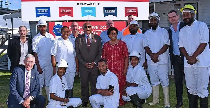 Prime Minister Sitiveni Rabuka and wife Sulueti, with seasonal workers under the the Pacific Australia Labour Mobility (PALM) Scheme at Teys Australia company, Queensland. Photo: DEPTFO