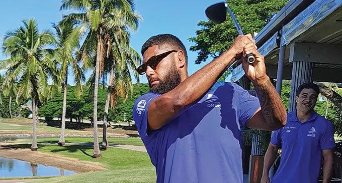 Fijian Drua prop Haereiti Hetet takes a swing during the inaugural Rooster Chicken Drua Ambrose Golf Day at the Denarau Golf and Racquet Club on April 15, 2024.   Photo: Waisea Nasokia