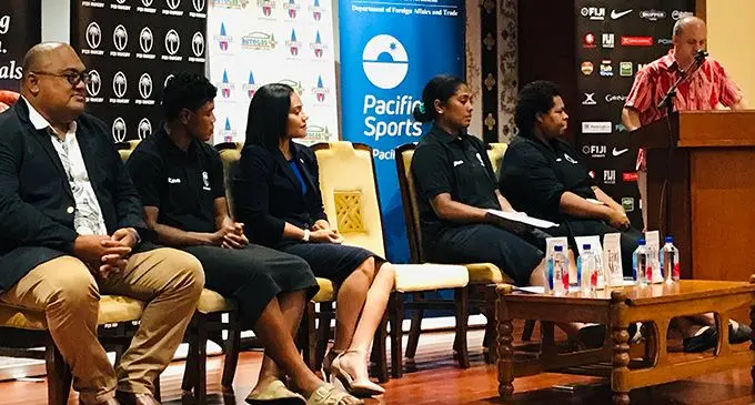 Fiji Rugby Union chairman Humphrey Tawake, Fiji Airways Fijiana sevens captain Rusila Nagasau, Counsellor Fiji High Commission to Canberra Salote Tagivakatini, Rooster Chicken Fijiana Drua captain Bitila Tawake, Lami Kava executive Seini Bolaira and Australia High Commission Charge d’affaires John Williams at the Civic Centre on February 17, 2023. Photo: Laisa Lui
