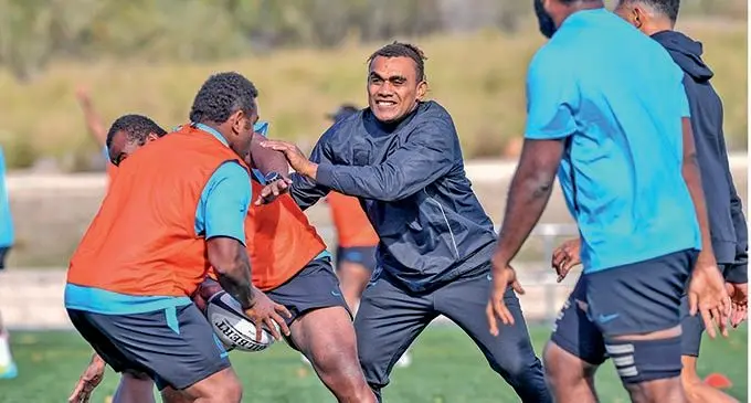 Vodafone Flying Fijian squad member Eroni Sau (facing camera) with Josua Tuisova (with ball) during a training session in Madrid, Spain, on November 3, 2021.  Photo: Ian Muir