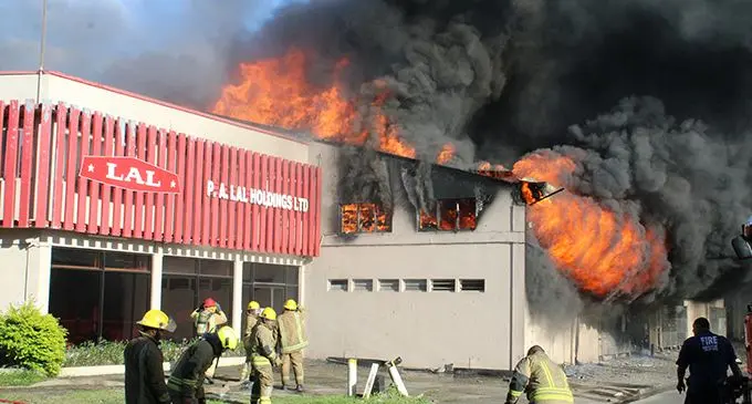 Firefighters extinguishing the fire at P.A. Lal Holdings LTD building in Walu Bay Suva on July 22,2019.  Photo: Simione Haravanua