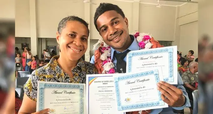 Peceli Raduva with his aunt Marica Matasolevu during the graduation at Civic Centre in Labasa on December 9, 2022. Photo: Shratika Naidu