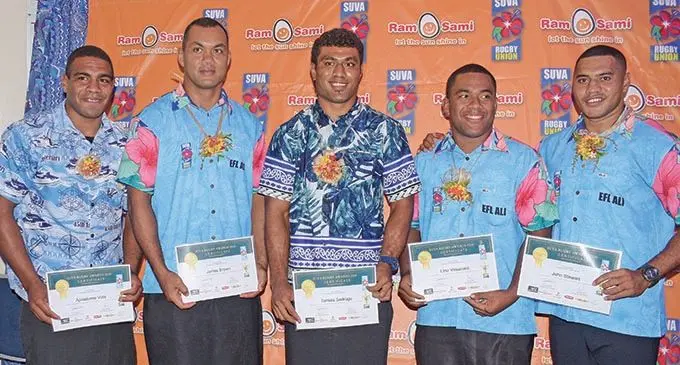 Ram Sami Suva’s special awards recipients, from left: Best Backline - Apisalome Vota, Best Fowards - James Brown, Player of the Season - Taniela Sadrugu, Rookie of the Year (forwards) - Lino Vasunadi and leadership award - John Stewart, during the Suva Rugby Union Awards Night at Albert Park on December 22, 2020. Photo:  Ronald Kumar