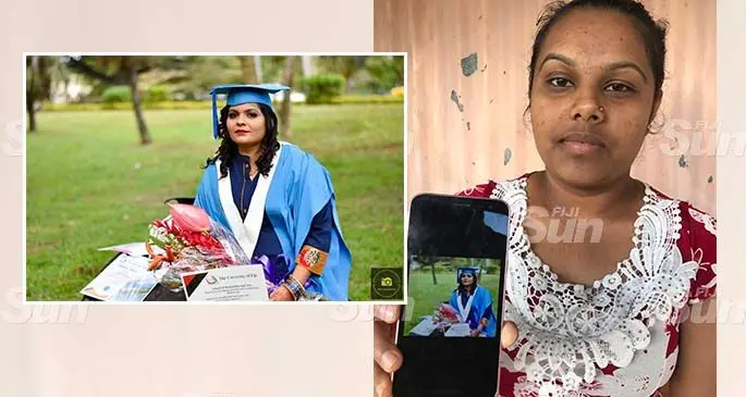Shaniya Aichal holds a photo of her late aunt, Saleshni at their home in Davota, Tavua, on September 17, 2021. Photo: Waisea Nasokia. Inset: Happier days...The late Saleshni Devi during her graduation.