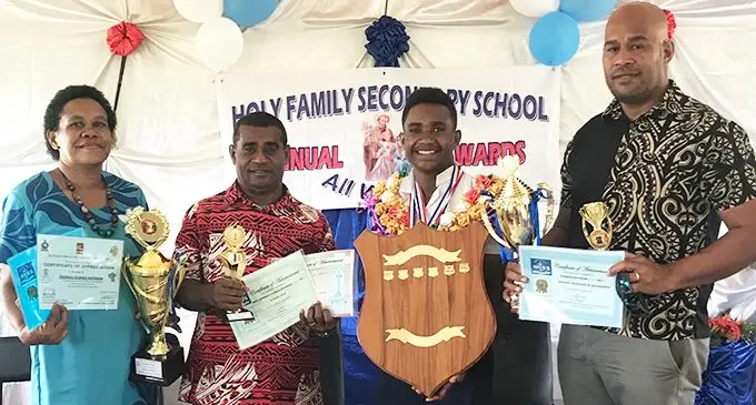 From left: Kalisiana Raturaga, Ulaiasi Raturaga, Jeremaia Raturaga and Epia Ravula after the Holy Family Secondary School prizegiving ceremony at on November 15,2019.  Photo: Laisa Lui