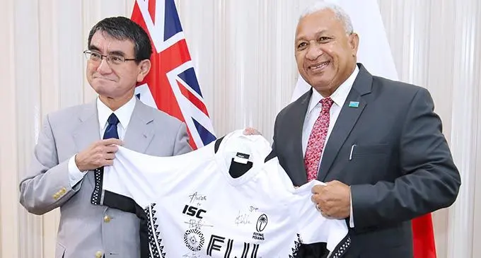 Minister of Foreign Affairs of Japan Taro Kono and Prime Minister Voreqe  Bainimarama during their meet on August 5, 2019. Photo: DEPTFO News  