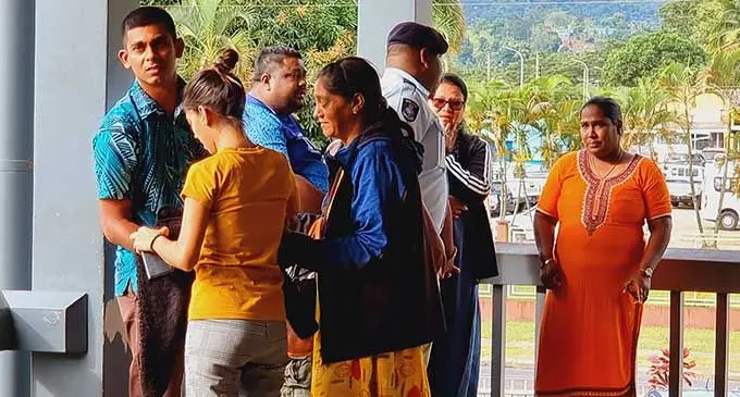 (in blue shirt) attempted rape accused police officer, Kaushik Rattan, with family, outside the Magistrates Court in Labasa, on July 17, 2023. Photo: Sampras Anand.