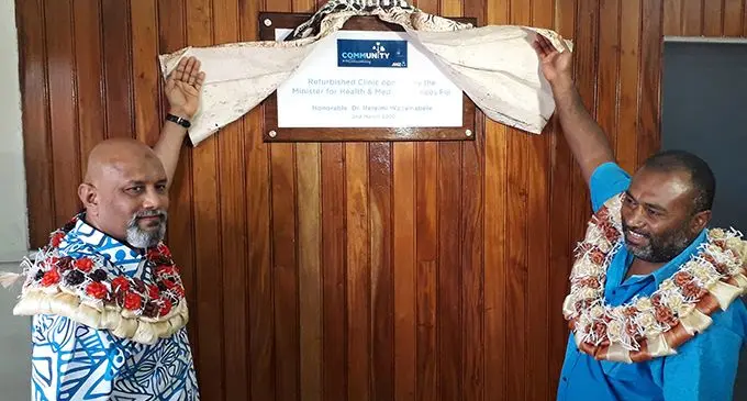 ANZ Fiji Country Head Saud Minam (left) with Minister for Health and Medical Services Dr Ifereimi Waqainabete unveil the plaque of the newly refurbished Sexual Reproductive Health Clinic on March 2, 2020.  Photo: Inoke Rabonu