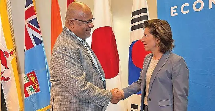 Deputy Prime Minister and Minister for Trade, Co-operatives, SMEs and Communications Manoa Kamikamica with the US Secretary of Commerce, Gina M Raimondo in Detroit, USA in May 2023. Photo: Fiji Government