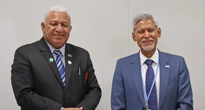 Prime Minister Voreqe Bainimarama, with the  International Federation of Red Cross and Red Crescent Societies Secretary-General, Jagan Chapagain.