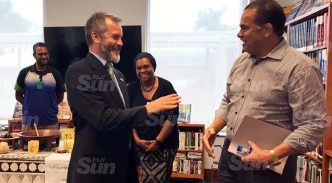 Left: United States of America’s ambassador to Fiji Joseph Cella and Kava Korp owner and chief executive officer John Sanday during the Fiji Forward Kava workshop in Suva on September 29, 2020.Photo: Frederica Elbourne
