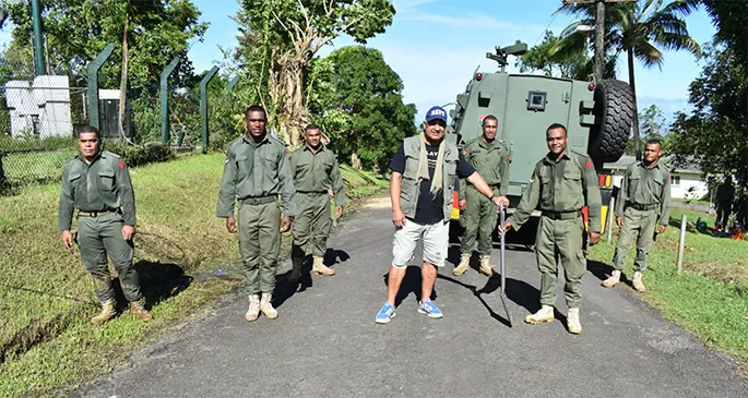 Prime Minister Voreqe Bainimarama with some members of the Republic of Fiji Military Forces’ Third Battalion Fiji Infantry Regiment (3FIR), on April 9, 2020. Photo: Office of the Prime Minister