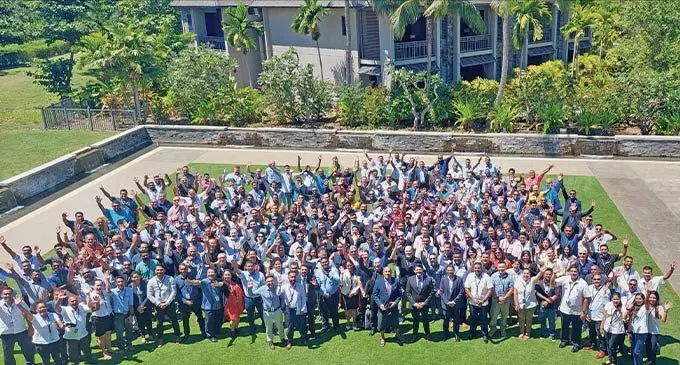 Attorney-General and Minister for Economy, Aiyaz Sayed-Khaiyum, Datec Fiji Pte Limited chief executive officer, Satyen Singh with the Datec board chairman, Isikeli Tikoduadua and industry leaders and vendors at the Fiji Tech Summit 2022 at the Intercontinental Fiji Golf Resort and Spa in Natadola on November 3, 2022. Photo: Nicolette Chambers