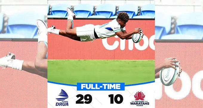 Rooster Chicken Fijiana Drua winger Vitalina Naikore dives over to score a try against NSW Waratahs in the Super W cmpetition at the Cbus Stadium in Gold Coast, Australia, on April 1, 2022. The Rooster Chicken sponsored Drua won 29-10 to end Waratah’s 20-match winning run. Photo: Stan Sport.