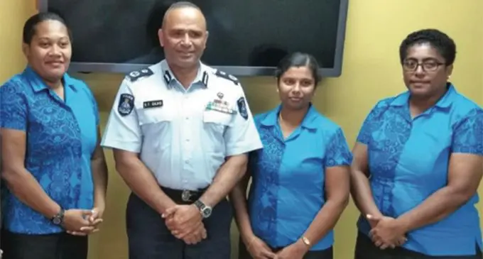 Commissioner of Police Brigadier-General Sitiveni Qiliho with the three women Police officers W/Sgt Makitala Masira, WPC Shiwani Sital and W/PC Sainimere Tagayawa. 