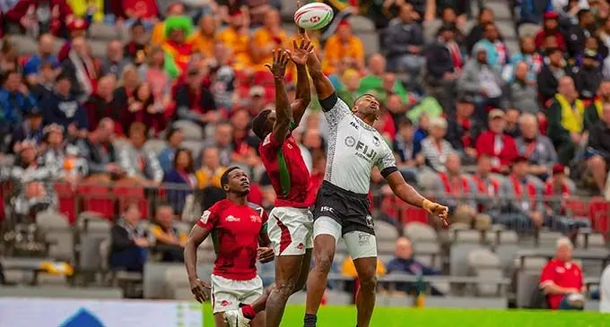 Fiji Airways Fijian 7s rep Sevuloni Mocenacagi in action against Kenya during the Canada 7s in Vancouver on March 10, 2019. Photo: Ian Muir