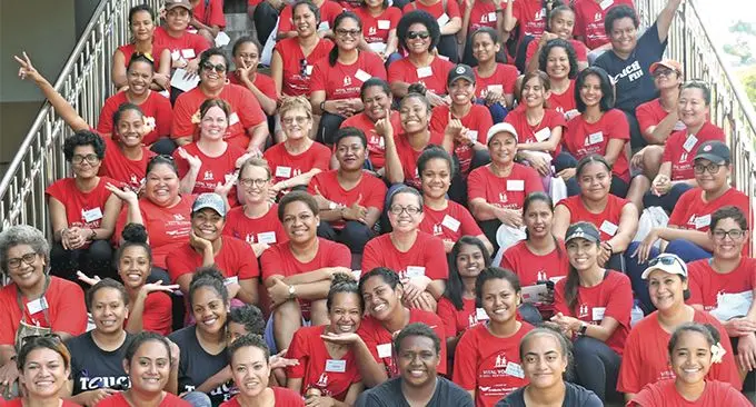 Minister for Women and Poverty Alleviation Mereseini Vuniwaqa (third row, fourth from left) with women leaders, representatives from various women’s groups and movements and their children and youths after the Vital Voices Global Mentoring walk on March 9, 2019. Photo: Ministry of Women Children and Poverty Alleviation.