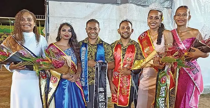 From Left: Second Runner Up-Miss Northern Civil Service Daiana Moceica, Miss Charity Fiji Sugar Corporation Nandani Sami, King’s First Runner-Up Mr Tanoa Electrical Works Jacob Saqusaqu, Mr Vodafone Festival of the Friendly North sponsored by Valuefone Pte Limited Fiji Roseheel Chand, Miss Vodafone Festival of the Friendly North Miss Apco Coatings Limited Vasiti Navurai and First Runner-Up Miss Labasa Divisional Hospital Grace Tauyavuca after the crowning on September 9, 2023. Photo: Shraika Naidu