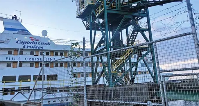 Captain Cook Cruises MV Reef Endeavour 63-room ship berthed in Lautoka Wharf.