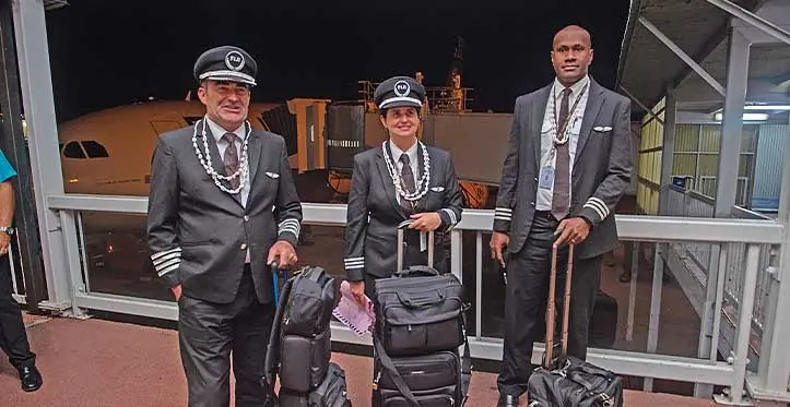 From left: Captain Blair Brownlee, Captain Taryn Maharaj Hochstrasser and first officer Keni Rokotunidau who manned the Fiji Airways special flight 2394 from Hong Kong to Nadi.
