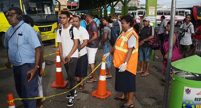 Suva City Council enforcement officer, Lusiana Cagilaba, monitors movement of people at the Suva Bus Stand on April 21, 2020. Photo: Ronald Kumar