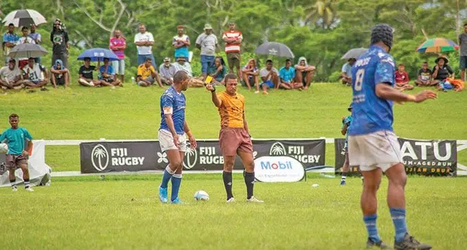Police Blue 7s captain Kepone Paul was ordered to leave the field when referee David Vosalevu showed him a yellow card after spotting a foul play during the first leg of the Super Sevens Series on January 23, 2021.  Photo: Leon Lord