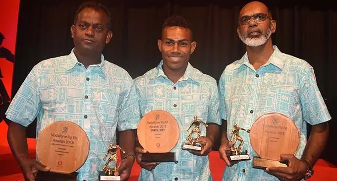 From left; Lautoka coach  Kamal Swamy, Kavaia Rawaqa and Abdul Kadar with their awards at the Sofitel Fiji Resort on March 2,2019.  Photo: Waisea Nasokia