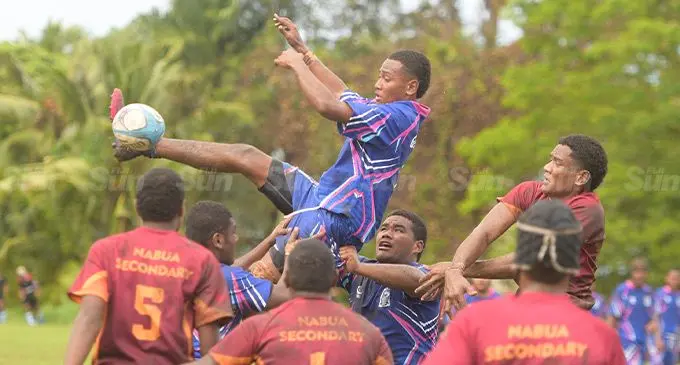Lineout tussle between Gospel High School and Nabua Secondary School in the Under-18 clash of the Southern Zone at the Suva Grammar School ground this afternoon. Photo: Ronald Kumar 