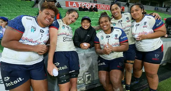 Former Fijiana Drua hooker Vika Matarugu (left) and Jiowana Sauto (third from left) with their Melbourne Rebels team-mates at AAMI Park in Melbourne, Australia.. Photo: Rebels Rugby