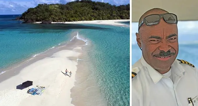 A sand bank in Yasawa and Captain Nathan Takele. Photo: Sosiveta Korobiau