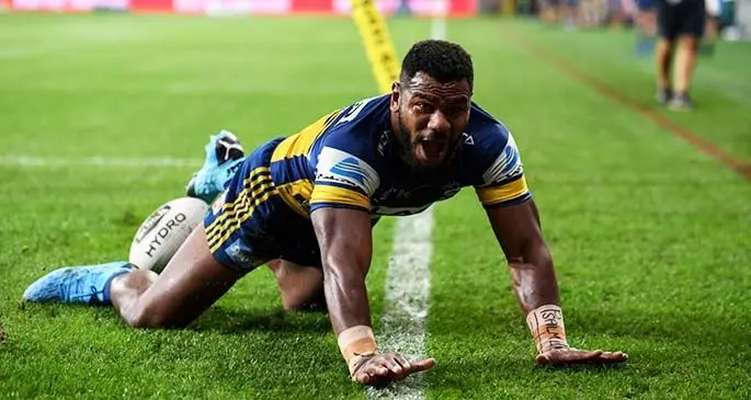 Eels winger, Maika Sivo scres against Melbourne Storm.