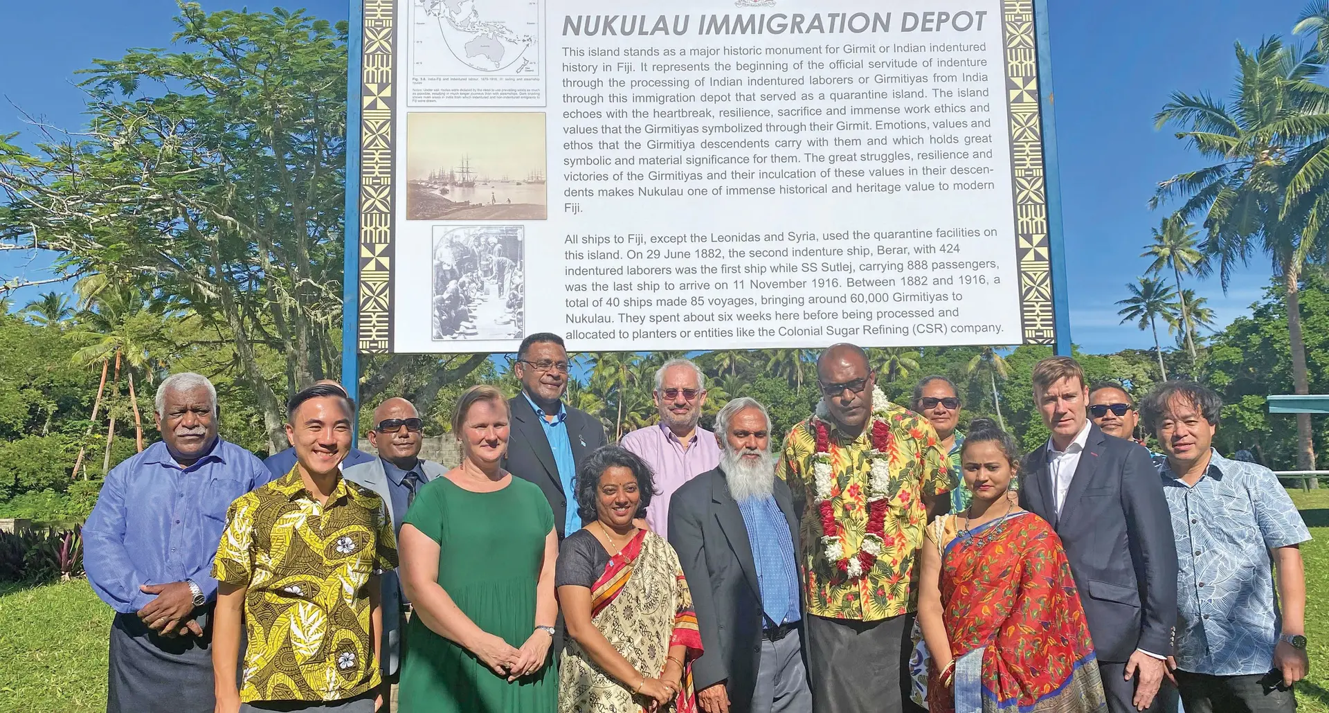 Minister for Health Dr Atonio Lalabalavu (with garland), Assistant Minister for Women, Children and Poverty Alleviation, Sashi Kiran and Director of Education at Arya Pratinidhi Sabha of Fiji, Kamlesh Arya with diplomats and guests in front of newly erected billboard on Nukulau Island. Photo: Sophie Norris