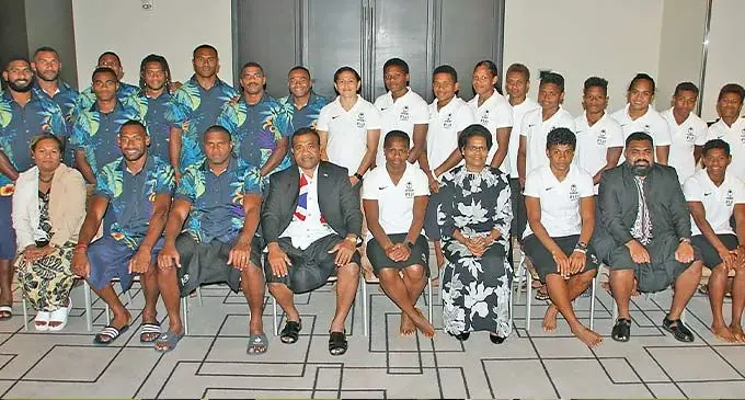 Fijiana and Fiji men's sevens players and officials welcomed by members of the Fijian community in Dubai was led by Fiji's Ambassador to the UAE, Naipote Katonitabua (sitFeeddback: leonec@fijisun.com.fj Fijian men's sevens player Paula Nayacakalou (left) with former national sevens men's captain Setefano Cakaunivalu in Dubai on November 29, 2022. Photo: Gabby Abariga/Gulf Fijian Media Tat ting fourth from left) together with the Fiji Mission staff on November 29, 2022. Photo: Gabby Abariga/Gulf Fijian Media