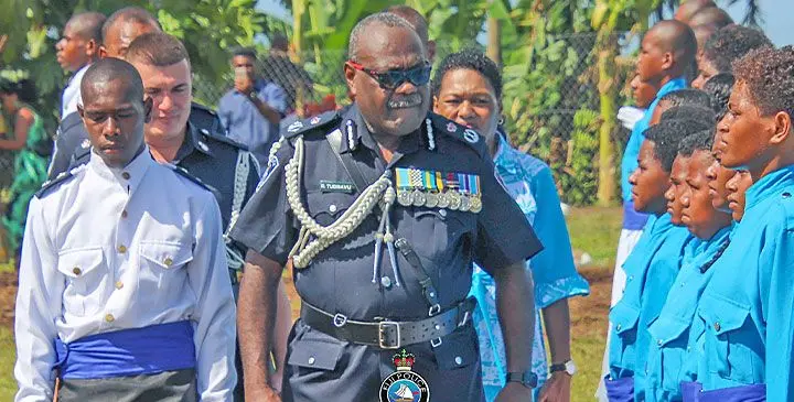 Commissioner of Police Rusiate Tudravu while officiating at the Koro High School passing-out parade on March 28, 2025. Photo: Police Media Cell