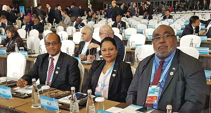 From left: Minister for Infrastructure Jone Usamate, Minister for Trade and Tourism Premila Kumar and Minister of Fisheries Semi Koroilavesau in Beijing after a session at the second Belt and Road Forum.