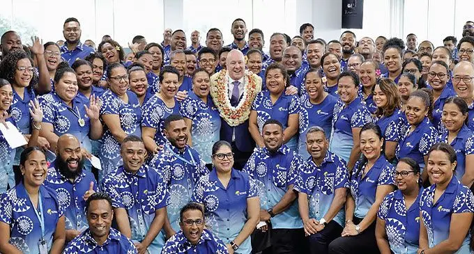 New Zealand Christopher Luxon (with garland) with Tower Insurance Fiji staff, one of the New Zealand’s longstanding companies operating here with more than 150 years of service.