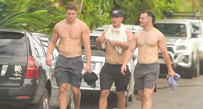 Australia A players (from left) Will Harris, Lalakai Foketi and Dylan Pietsch in Suva on July 6, 2022. Photo: Ronald Kumar