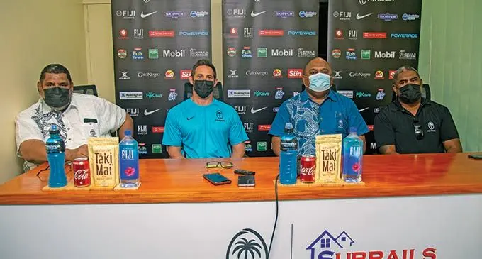 From left; Fiji Rugby Union chief executive officer John O’Connor, Fiji Airways Fijian men’s 7s head coach Ben Gollings, FRU board chairman Commodore Humphery Tawake, interim Fijian men’s 7s coach and Fijian women’s 7s head coach Saiasi Fuli during the press conference at Rugby House, Suva, on January 13, 2022. Photo: Leon Lord