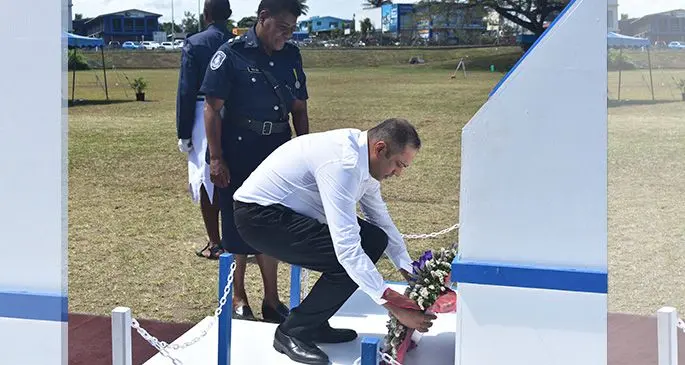 Fiji Airports Limited chief executive officer Faiz Khan honour fallen Police officers during the 2019 Police Remembrance Day in Nadi on September 27, 2019. Photo: Mereleki Nai