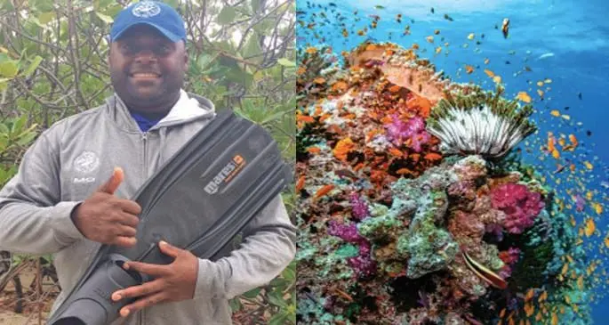 Ra Divers divemaster and Master Engineer and Class 6 Captain, Mosese Baleilbasa (Left) and The healthy marine life in the Bligh Water (Right).