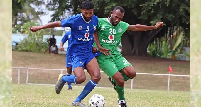Nadi striker Sakarai Naisua (20) challenges Lautoka’s Epeli Leiroti during the Vodafone Premier League clash at Prince Charles Park, Nadi on September 6, 2020 . Photo: Fiji FA Media