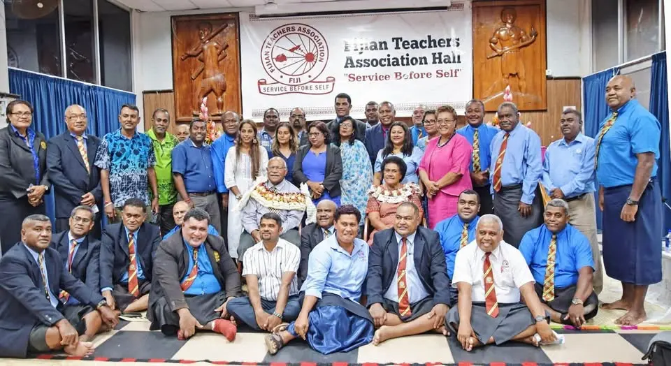 Prime Minister Sitiveni Rabuka with members of the Fijian Teachers Association.