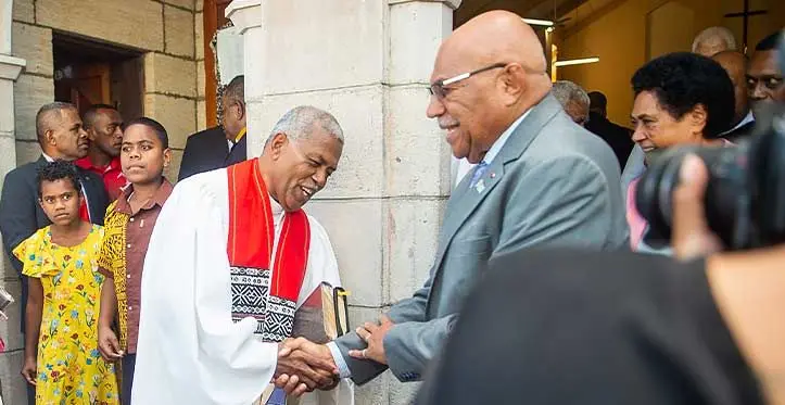 Prime Minster Sitiveni Rabuka (right), congratulates Methodist Church in Fiji and Rotuma president-elect Reverend Dr Semisi Turagavou after the thanksgiving service to celebrate the newly elected church leaders at the Centenary Church in Suva on September 3, 2023. Photo: Leon Lord