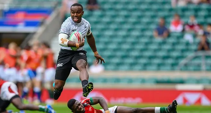 Fiji Airways Fijian 7s rep Waisea Nacuqu in full flight against Kenya on May 26, 2019, at the London 7s. Fiji won 24-17.  Photo: Ian Muir