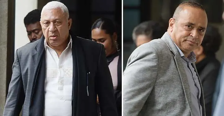 Suspended Commissioner of Police Sitiveni Qiliho and Former Prime Minister Voreqe Bainimarama outside the Suva Court on July 19, 2023. Photo: Ronald Kumar
