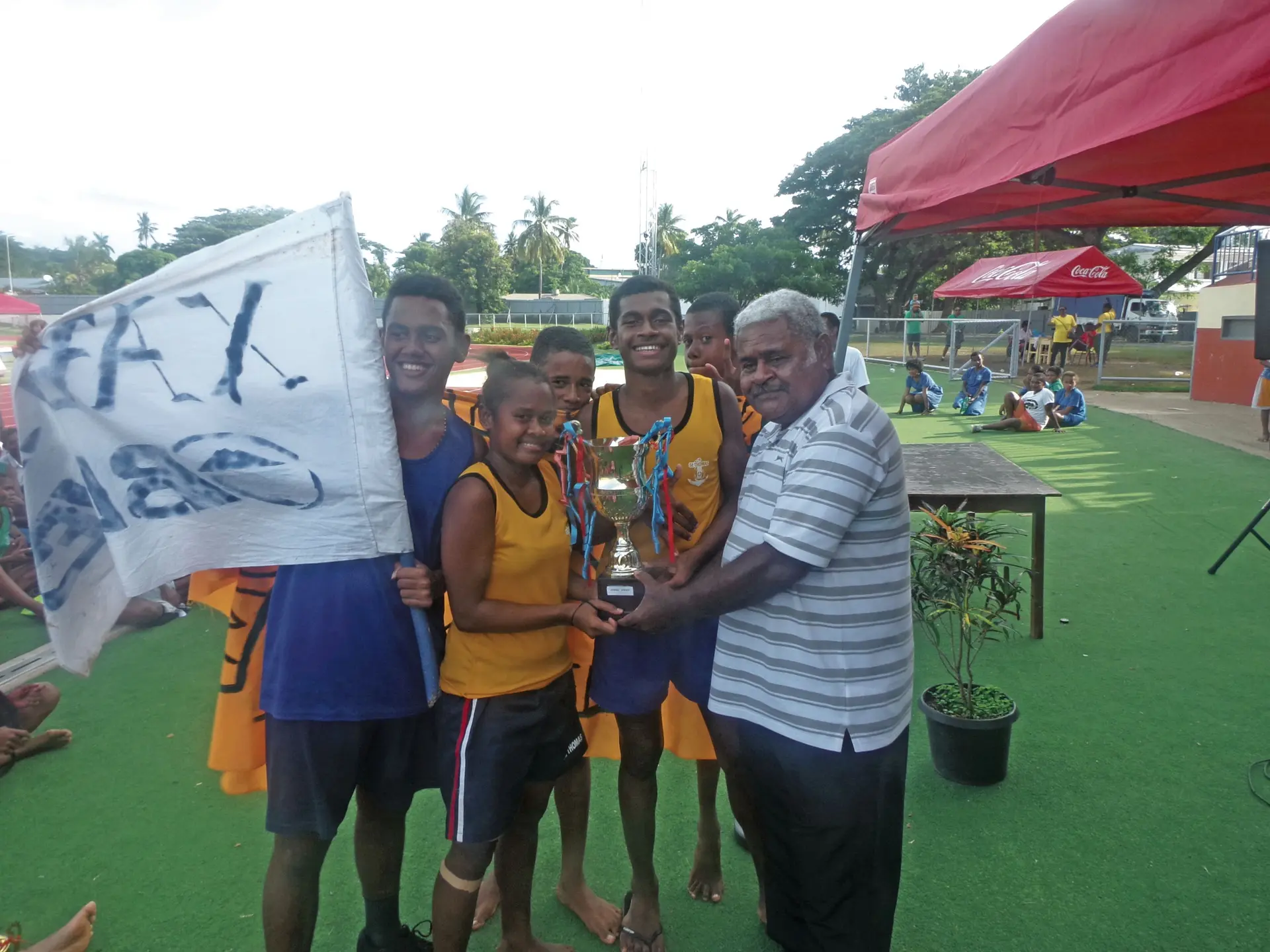 Monfort House athletes with their trophy during the St Thomas High School inter-house meet at Churchill Park, Lautoka on February 16, 2018. Photo: Karalaini Tavi